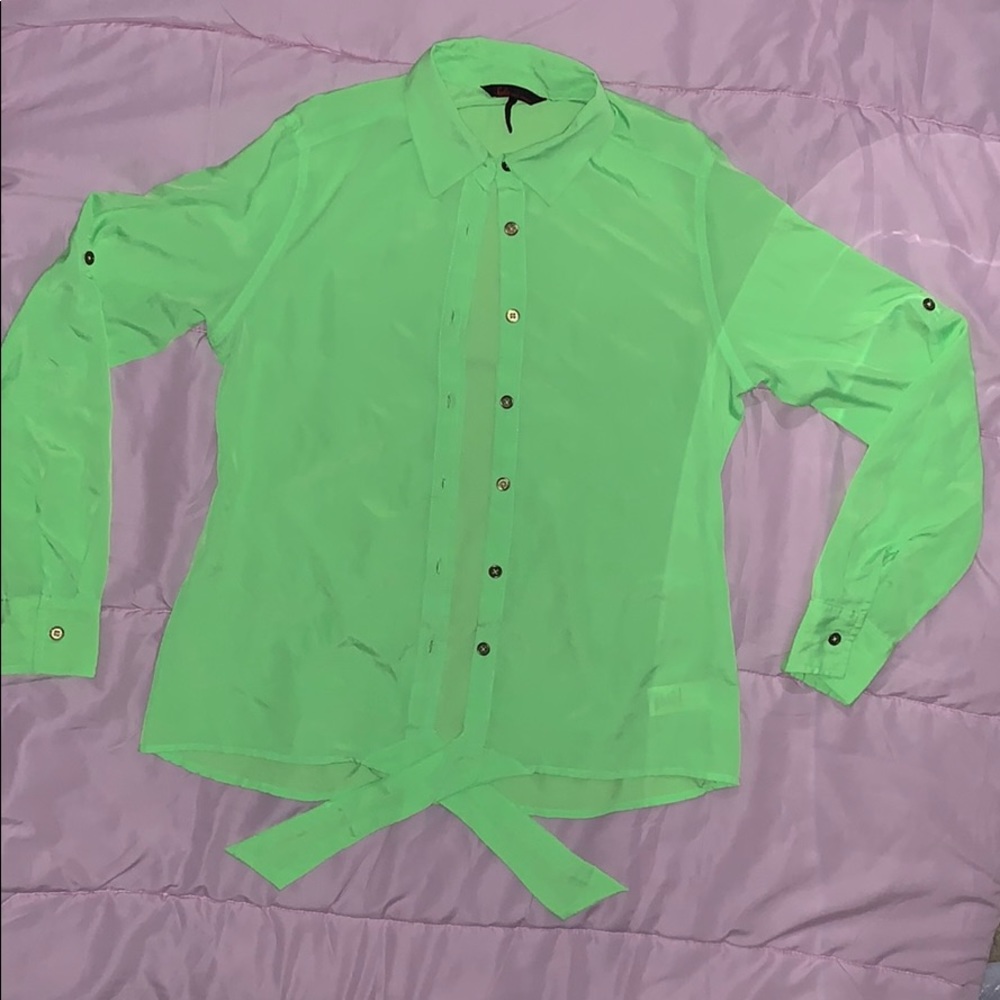Neon green button down silk blouse